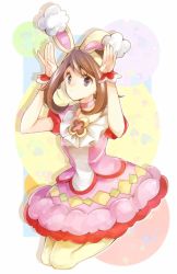 Rule 34 | 1girl, animal ears, brown hair, choker, closed mouth, commentary, creatures (company), easter, eyelashes, fake animal ears, frills, full body, game freak, hairband, looking at viewer, may (pokemon), may (spring 2021) (pokemon), nintendo, official alternate costume, pantyhose, pokemon, pokemon masters ex, purple choker, purple eyes, purple skirt, rabbit pose, short sleeves, skirt, solo, symbol-only commentary, wrist cuffs, yellow hairband, yellow pantyhose, yomogi (black-elf)