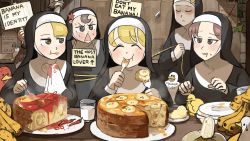 Rule 34 | 5girls, :t, ^ ^, ant, banana, bird, blonde hair, brown eyes, brown hair, bug, cake, chicken, chili pepper, closed eyes, clumsy nun (diva), commentary, cup, diva (hyxpk), drinking glass, drooling, duck, duckling, eating, empty plate, english commentary, english text, food, food on face, fork, frog headband, froggy nun (diva), fruit, handkerchief, hanging plant, highres, holding, holding fork, holding rope, holding sign, hungry nun (diva), insect, ladle, letter, little nuns (diva), milk, multiple girls, nervous sweating, nun, ostrich, plate, plate stack, poster (object), red eyes, red hair, rope, shaded face, shadow, sign, sign around neck, spicy nun (diva), star (symbol), star nun (diva), steam, sticker, sweat, sweatdrop, traditional nun, triangle mouth, yellow eyes