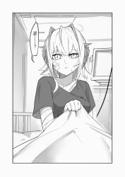 Rule 34 | 1girl, absurdres, ao oni (onioni-aoi), arknights, bandaged arm, bandaged chest, bandages, bed, blanket, blanket grab, blood, cable, commentary request, confused, gauze, gauze on cheek, gauze on face, greyscale, hatching (texture), highres, holding, holding blanket, hospital bed, hospital gown, indoors, linear hatching, looking at viewer, medium hair, monochrome, nosebleed, on bed, parted lips, scratches, screen, shirt, short sleeves, sitting, slit pupils, solo, speech bubble, translation request, uneven eyes, w (arknights), waking up