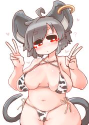 Rule 34 | 1girl, ?, absurdres, ahoge, animal ears, animal print, bikini, blush, breasts, breasts apart, bright pupils, closed mouth, commentary request, cow print, cow print bikini, cowboy shot, daruia (sabitare), double v, earrings, grey hair, head tilt, heart, highres, jewelry, large breasts, looking to the side, mouse ears, mouse tail, multi-strapped bikini top, navel, nazrin, plump, print bikini, red eyes, sagging breasts, short hair, side-tie bikini bottom, single earring, solo, standing, swimsuit, tail, thick eyebrows, touhou, v, white background, white pupils