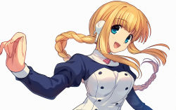 Rule 34 | 1girl, :d, asada hachi, blonde hair, blouse, blunt bangs, bow, bowtie, braid, braided ponytail, breasts, buttons, commentary request, green eyes, happy, highres, juliet sleeves, long hair, long sleeves, looking at viewer, open mouth, pink bow, puffy sleeves, robot ears, shirt, silfa (to heart), simple background, single braid, smile, solo, to heart (series), to heart 2, to heart 2 ad, upper body, white background