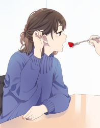 Rule 34 | 1girl, brown hair, feeding, food, fork, fruit, hair behind ear, half updo, looking to the side, mattaku mousuke, open mouth, original, solo focus, strawberry, sweater, table, white background
