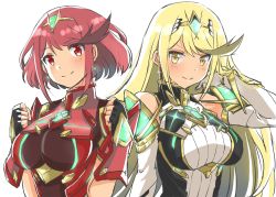 Rule 34 | 2girls, bad id, bad twitter id, bare shoulders, black gloves, blonde hair, bob cut, chest jewel, dress, dual persona, earrings, elbow gloves, female focus, fingerless gloves, gem, gloves, headpiece, highres, jewelry, long hair, matching hair/eyes, multiple girls, mythra (massive melee) (xenoblade), mythra (xenoblade), nintendo, pantyhose, pyra (xenoblade), red eyes, red hair, red legwear, red shorts, shiro xai, shiroxai, short dress, short hair, short shorts, shorts, super smash bros., swept bangs, thigh strap, thighhighs, tiara, very long hair, white gloves, xenoblade chronicles (series), xenoblade chronicles 2, yellow eyes
