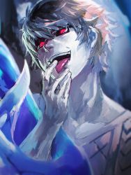 Rule 34 | 10s, 1boy, black sclera, brown hair, colored sclera, evil smile, glasses, highres, kagune (tokyo ghoul), looking at viewer, male focus, nishio nishiki, open mouth, red eyes, short hair, smile, sneer, solo, sweater, tokyo ghoul, tongue, tongue out