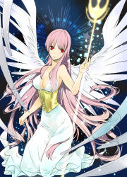Rule 34 | 1girl, absurdres, athena (saint seiya), blue background, breasts, cleavage, closed mouth, dress, feathered wings, full body, highres, holding, holding staff, kido saori, kneeling, looking at viewer, pink hair, red eyes, saint seiya, serious, sleeveless, sleeveless dress, solo, staff, star (symbol), white dress, white wings, wings, yyuunn