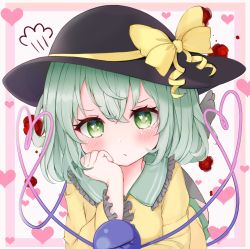 Rule 34 | 1girl, :t, black hat, blouse, broken heart, closed mouth, commentary request, don (tiruchoco41), eyeball, floral print, flower, frilled shirt collar, frilled sleeves, frills, green eyes, green hair, green skirt, hair between eyes, hair ornament, hat, heart, heart background, heart hair ornament, heart of string, highres, komeiji koishi, long sleeves, looking at viewer, pout, red flower, red rose, rose, rose print, shirt, skirt, third eye, touhou, yellow shirt