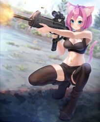 Rule 34 | 1girl, absurdres, animal ears, beretta cx4 storm, black thighhighs, blue eyes, boots, cat ears, cat girl, cat tail, commission, crop top, enpera (jdud8375), firing, gun, highres, holding, holding gun, holding weapon, lens flare, muzzle flash, navel, original, outdoors, pink hair, pistol-caliber carbine, rifle, shell casing, short hair, short shorts, shorts, skindentation, solo, squatting, tail, thighhighs, weapon