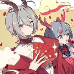 Rule 34 | 2girls, antenna hair, brown background, captain yue, closed mouth, confetti, dragon horns, envelope, flower, food, grey eyes, grey hair, hair between eyes, hair intakes, highres, holding, holding envelope, hongbao, horns, jacket, long sleeves, multicolored hair, multiple girls, open clothes, open jacket, open mouth, original, pink flower, red hair, red jacket, shirt, short eyebrows, short hair, siblings, sisters, sparkle, streaked hair, thick eyebrows, twitter username, two-tone background, upper body, white background, white shirt