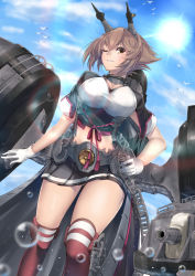 Rule 34 | 1girl, bad id, bad pixiv id, bare shoulders, bird, black skirt, blue sky, blurry, blurry background, blush, breasts, brown hair, bubble, cannon, chain, cloud, day, gloves, green eyes, hand on own hip, headgear, highres, kantai collection, kneehighs, large breasts, long hair, looking at viewer, midriff, miniskirt, mutsu (kancolle), mutsu kai ni (kancolle), navel, one eye closed, outdoors, parted lips, pleated skirt, rigging, seagull, short hair, shrug (clothing), skirt, sky, sleeve cuffs, smile, socks, solo, sunlight, thighs, turret, white gloves, zombie mogura