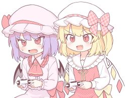 Rule 34 | 2girls, :d, ascot, bat wings, blonde hair, bow, center frills, commentary request, controller, crystal, dress, fang, flandre scarlet, frilled sleeves, frills, game controller, hat, hat bow, highres, holding, holding controller, holding game controller, long sleeves, looking at viewer, medium hair, mob cap, multiple girls, oninamako, open mouth, playing games, purple hair, red ascot, red dress, red eyes, remilia scarlet, ribbon, shirt, siblings, simple background, sisters, slit pupils, smile, sweatdrop, touhou, upper body, v-shaped eyebrows, white background, white hat, white shirt, wings, yellow bow, yellow ribbon