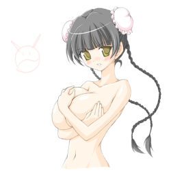 Rule 34 | 00s, 1girl, blush, braid, breasts, breasts squeezed together, bun cover, covering privates, covering breasts, gundam, gundam 00, huge breasts, looking at viewer, miyata gakuman, navel, nude, simple background, solo, standing, twin braids, wang liu mei, white background