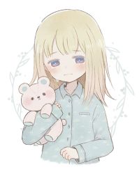 Rule 34 | 1girl, ayu (mog), blonde hair, blush, closed mouth, collared shirt, crying, crying with eyes open, holding, long sleeves, original, pajamas, purple eyes, shirt, solo, stuffed animal, stuffed toy, tears, teddy bear, upper body, wing collar