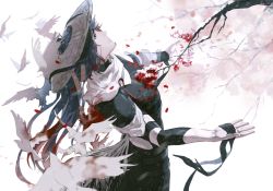 Rule 34 | 1boy, arknights, bird, blood, blood on clothes, blood splatter, blue hair, branch, cherry blossoms, cloak, dark blue hair, feet out of frame, from side, hat, highres, impaled, long hair, looking up, male focus, mr. nothing (arknights), multicolored hair, red hair, rencanzaoganshiwusuo, sitting, solo, straw hat, streaked hair, two-tone hair