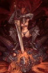 Rule 34 | 1girl, armor, armored boots, artist name, bikini armor, blood, boots, breasts, cape, colored blood, covered face, dragon, fantasy, female focus, female knight, gauntlets, helmet, highres, holding, holding sword, holding weapon, knight, muscular, muscular female, navel, nishiki areku, orange blood, original, plume, red cape, squatting, sword, thigh boots, thighhighs, weapon