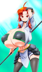 Rule 34 | 1girl, ahoge, breasts, character request, female focus, gigantic breasts, highres, histamine c, orange hair, red eyes, shorts, solo, staff, thighhighs, thighs, weapon