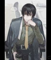 Rule 34 | ..., 1boy, belt, black belt, black coat, black eyes, black hair, closed mouth, coat, coat on shoulders, collared shirt, expressionless, green shirt, highres, indoors, limbus company, long sleeves, looking at viewer, office, project moon, satome setsuko, shirt, solo, speech bubble, spoken ellipsis, yi sang (project moon)