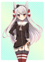Rule 34 | 10s, 1girl, :&lt;, amatsukaze (kancolle), bad id, bad pixiv id, blush, brown eyes, clothes lift, dress, dress lift, garter straps, gloves, hand on own hip, highres, kantai collection, kimishima ao, long hair, looking at viewer, personification, red thighhighs, revision, sailor dress, short dress, silver hair, simple background, single glove, skirt, skirt lift, solo, striped clothes, striped thighhighs, thighhighs, twintails, two side up, zettai ryouiki