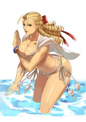 Rule 34 | 1girl, bikini, blonde hair, bracelet, braid, breasts, brown eyes, capcom, cleavage, closed mouth, collarbone, female focus, fingernails, jewelry, kanzuki karin, large breasts, lips, long hair, looking at viewer, ocean, outdoors, partially submerged, red lips, smile, solo, street fighter, swimsuit, thighs, white bikini