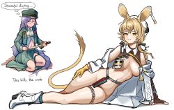 Rule 34 | 2girls, absurdly long hair, akafuyu (arknights), akafuyu (temperament) (arknights), animal ears, arknights, blonde hair, boots, convenient censoring, dorothy (arknights), drawfag, earclip, english text, female focus, fingerless gloves, full body, glasses, gloves, hair ornament, hairclip, hat, holding, holding knife, hourglass, imminent suicide, infection monitor (arknights), jacket, knife, long hair, looking at viewer, mouse ears, mouse tail, multiple girls, on floor, open clothes, open jacket, seppuku, single fingerless glove, skirt, smile, tail, thigh strap, very long hair, white jacket, yellow eyes, yellow gloves