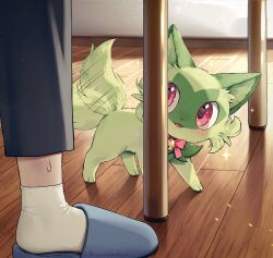 Rule 34 | 1other, afterimage, animal focus, bell, blue footwear, blush, bow, bowtie, creatures (company), fangs, game freak, green fur, highres, indoors, jingle bell, kaminokefusa, nintendo, pants, pink eyes, pokemon, pokemon (creature), slippers, socks, sparkle, sprigatito, sweatdrop, table, tail, tail wagging, white socks, wooden floor