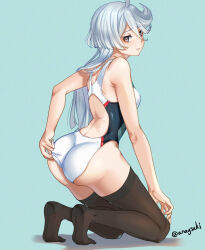 Rule 34 | 1girl, adjusting clothes, adjusting swimsuit, ahoge, aona (anagasaki), ass, black thighhighs, blue background, competition swimsuit, from behind, grey hair, gundam, gundam suisei no majo, hair between eyes, highres, kneeling, long hair, looking at viewer, miorine rembran, multicolored clothes, multicolored swimsuit, one-piece swimsuit, solo, swept bangs, swimsuit, thighhighs, twitter username, white one-piece swimsuit