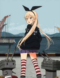 Rule 34 | 1girl, animal, annin musou, bad id, bad twitter id, bird, black jacket, blonde hair, blue skirt, blush, clothes writing, day, grey eyes, hair between eyes, jacket, kantai collection, long hair, long sleeves, looking back, miniskirt, mountain, ocean, open mouth, pleated skirt, rensouhou-chan, seagull, shimakaze (kancolle), skirt, solo, striped clothes, striped thighhighs, thighhighs