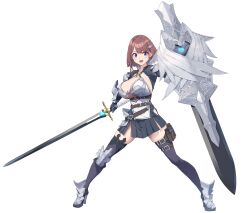 Rule 34 | 1girl, absurdres, armor, armored boots, baffu, black shrug, black skirt, blue eyes, boots, breastplate, breasts, brown hair, cleavage, commentary request, full body, hair ornament, highres, hitoyo (baffu), holding, holding shield, holding sword, holding weapon, knight, large breasts, leg armor, legs apart, looking at viewer, open mouth, original, pleated skirt, pouch, shield, short hair, simple background, skindentation, skirt, smile, solo, standing, sword, thigh pouch, weapon, white background