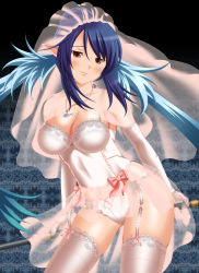 Rule 34 | 00s, 1girl, blue hair, breasts, bridal veil, bustier, cleavage, elbow gloves, garter belt, gloves, highres, judith (tales), lace, lace-trimmed legwear, lace trim, large breasts, lingerie, nukunuku (hinataboltuko), panties, pointy ears, solo, tales of (series), tales of vesperia, thighhighs, underwear, veil, white panties, white thighhighs