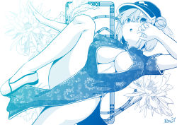 Rule 34 | 1girl, alternate costume, blue theme, blush, breasts, china dress, chinese clothes, cleavage cutout, clothing cutout, commentary request, dress, flat cap, flower, foot out of frame, hair bobbles, hair ornament, hat, highres, kagiyama shachou, kawashiro nitori, large breasts, leg lift, looking at viewer, medium hair, monochrome, open mouth, shoes, short sleeves, sidelocks, solo, touhou, two side up