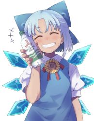 Rule 34 | +++, 1girl, ^ ^, anarogumaaa, blue bow, blue dress, blue hair, bottle, bow, cirno, commentary request, dress, closed eyes, facing viewer, flower, grin, hair bow, head tilt, hidden star in four seasons, holding, holding bottle, ice, ice wings, mitsuya cider, nail polish, pink nails, puffy short sleeves, puffy sleeves, short hair, short sleeves, simple background, smile, solo, sunflower, sweat, tan, tanned cirno, touhou, upper body, white background, wings