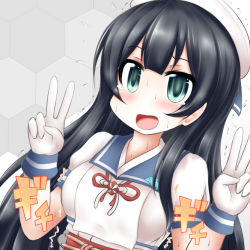 Rule 34 | 1girl, agano (kancolle), black hair, blue sailor collar, commentary request, cosplay, double v, gloves, green eyes, hat, honeycomb (pattern), honeycomb background, kantai collection, long hair, mikura (kancolle) (cosplay), mikura (kancolle), open mouth, ouno (nounai disintegration), puffy short sleeves, puffy sleeves, sailor collar, sailor hat, sailor shirt, shirt, short sleeves, smile, solo, upper body, v, white background, white gloves, white shirt