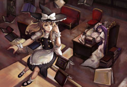 Rule 34 | 2girls, apron, bespectacled, black dress, blonde hair, book, bookshelf, bow, braid, broom, broom riding, chair, dress, closed eyes, from above, glasses, hair bow, hat, hat bow, highres, inkwell, jiliang ji ying, kirisame marisa, lamp, long hair, long sleeves, mob cap, multiple girls, patchouli knowledge, pen, purple hair, scroll, side braid, single braid, sitting, sleeping, smile, table, touhou, waist apron, witch hat, wrist cuffs, yellow eyes