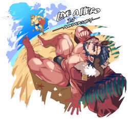Rule 34 | 2boys, abs, alphecca (live a hero), anniversary, artist name, ball, bara, beach, beachball, beard, black hair, black male swimwear, bulge, cape, cloud, day, english text, facial hair, food, furry, furry male, furry with non-furry, highres, holding, holding ball, holding beachball, holding food, holding popsicle, horns, interspecies, live a hero, looking at viewer, male focus, male swimwear, multiple boys, open mouth, outdoors, popsicle, red cape, rutilix (live a hero), rybiok, short hair, sitting, sky, smile, thick thighs, thighs