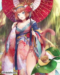 Rule 34 | 1girl, animal ears, bare shoulders, blue eyes, breasts, brown hair, cat ears, cat girl, cat tail, cleavage, collarbone, female focus, flower, frilled sleeves, frills, hair flower, hair ornament, hair stick, hinariaoba, japanese clothes, kimono, obi, open mouth, original, sash, short hair, smile, snail, tail, traditional clothes, umbrella, yukata
