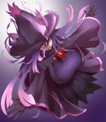 Rule 34 | 1girl, :3, arms up, breasts, creatures (company), dress, female focus, from above, full body, game freak, gem, gen 4 pokemon, gloves, gradient background, gradient hair, hair between eyes, happy, hat, highres, large breasts, long hair, looking at viewer, looking up, mismagius, multicolored hair, nintendo, open mouth, outstretched arms, ozaki (psyozaki), personification, pink hair, pokemon, purple background, purple dress, purple gloves, purple hair, purple hat, purple theme, red eyes, red gemstone, simple background, smile, solo, spread arms, two-tone hair, wide sleeves, witch hat