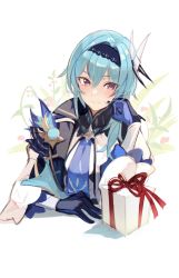 Rule 34 | 1girl, absurdres, black hairband, blue hair, blue necktie, box, commentary request, eula (genshin impact), genshin impact, gift, gift box, hair ornament, hairband, hand up, highres, juliet sleeves, long sleeves, lumo 1121, medium hair, necktie, puffy sleeves, purple eyes, shirt, solo, unfinished, upper body, white shirt