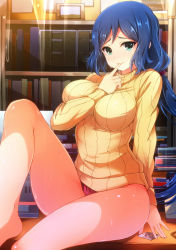 Rule 34 | 10s, 1girl, blue hair, blush, breasts, condom wrapper, green eyes, gundam, gundam build fighters, iori rinko, jianren, large breasts, legs, long hair, looking at viewer, mature female, panties, ribbed sweater, saliva, sitting, smile, solo, sweater, tongue, tongue out, turtleneck, underwear