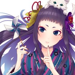 Rule 34 | 10s, 1girl, animal, animal on head, bad id, bad pixiv id, biting, black hair, blue eyes, blunt bangs, blush, bow, cat, finger to mouth, floral print, flower, hair bow, hair flower, hair ornament, head biting, japanese clothes, kimono, long hair, marimari (show by rock!!), misaka (05), multicolored clothes, nail polish, on head, pinwheel, show by rock!!, smile, solo, striped clothes, striped kimono, vertical-striped clothes, vertical-striped kimono, white cat