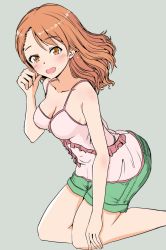 10s 1girl bana bare_shoulders blush breasts brown_eyes cleavage female_focus houjou_karen idolmaster idolmaster_cinderella_girls kneeling long_hair looking_at_viewer open_mouth orange_hair smile solo