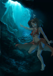 Rule 34 | 1girl, absurdres, air bubble, barefoot, bikini, blue eyes, breasts, breath, brown hair, bubble, cave, feet, fish, freediving, highres, holding breath, navel, ocean, original, pointing, red bikini, sao9434, sarong, school of fish, smile, solo, swimsuit, underboob, underwater, water