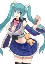 Rule 34 | 1girl, black thighhighs, blue eyes, blue hair, blue skirt, breasts, cleavage, crop top, hair ribbon, hatsune miku, holding, long hair, looking at viewer, matching hair/eyes, medium breasts, midriff, miniskirt, navel, pleated skirt, ribbon, ryuuno6, sailor collar, shirt, simple background, skirt, solo, thighhighs, twintails, vocaloid, white background, white ribbon, white shirt, zettai ryouiki