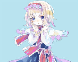 Rule 34 | 1girl, alice margatroid, blonde hair, blue background, blue dress, blue eyes, capelet, closed mouth, cowboy shot, dress, frilled capelet, frilled hairband, frilled ribbon, frilled sleeves, frills, hairband, hands on own cheeks, hands on own face, hiyuu (hiyualice), long sleeves, looking at viewer, medium hair, red hairband, red ribbon, ribbon, simple background, solo, touhou, white capelet