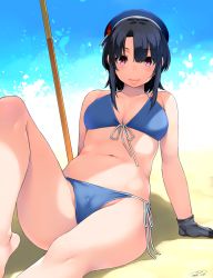 Rule 34 | 1girl, arm support, beach, beach umbrella, beret, bikini, black gloves, black hair, blue bikini, blue hat, blush, breasts, collarbone, day, front-tie bikini top, front-tie top, gloves, happa (cloverppd), hat, kantai collection, knee up, lips, looking at viewer, medium breasts, navel, outdoors, red eyes, sand, shadow, short hair, side-tie bikini bottom, sitting, smile, solo, swimsuit, takao (kancolle), umbrella, underbust