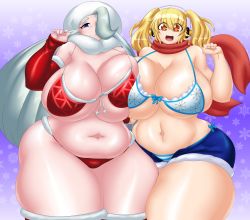 Rule 34 | 2girls, absurdres, arm warmers, bare arms, bare shoulders, bikini, blonde hair, blue eyes, breasts, cleavage, closed mouth, cowboy shot, creatures (company), crossover, eyes visible through hair, fat, game freak, hair over one eye, hat, headphones, highres, huge breasts, kyelyn, long hair, looking at viewer, mature female, melony (pokemon), multiple girls, nail polish, navel, nintendo, nitroplus, open fly, open mouth, orange eyes, plump, pokemon, pokemon swsh, purple background, red bikini, scarf, shorts, silver hair, smile, snowflakes, super pochaco, swimsuit, thick thighs, thighs, twintails