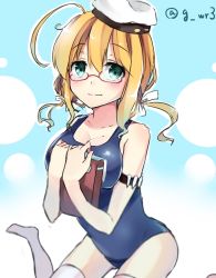 Rule 34 | 10s, 1girl, ahoge, blonde hair, blush, book, breasts, cleavage, glasses, hat, holding, holding book, i-8 (kancolle), kantai collection, large breasts, navy (navy.blue), sailor hat, school swimsuit, short hair, smile, solo, swimsuit, thighhighs, twitter username