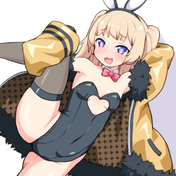 Rule 34 | 1girl, :d, animal ears, azur lane, bache (azur lane), black leotard, blonde hair, bow, bowtie, breasts, cleavage cutout, clothing cutout, coat, detached collar, fur trim, heart, heart-shaped pupils, leg up, leotard, long hair, looking at viewer, open mouth, playboy bunny, purple eyes, rabbit ears, red bow, red bowtie, shirogane hakuba, simple background, small breasts, smile, solo, standing, standing on one leg, symbol-shaped pupils, twintails, white background, yellow coat