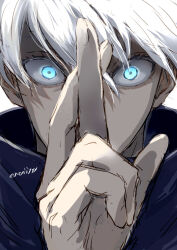 Rule 34 | 1boy, blue eyes, commentary request, covered mouth, gojou satoru, hand up, jujutsu kaisen, looking at viewer, male focus, nori20170709, short hair, simple background, solo, twitter username, white background, white hair