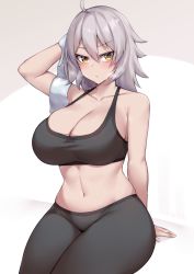 Rule 34 | 1girl, ahoge, bare shoulders, black tank top, blush, breasts, cleavage, collarbone, crop top, curvy, fate/grand order, fate (series), hair between eyes, holding, holding towel, jeanne d&#039;arc (fate), jeanne d&#039;arc alter (avenger) (fate), jeanne d&#039;arc alter (fate), kuavera, large breasts, looking at viewer, medium hair, midriff, navel, pants, silver hair, sitting, sports bra, sweat, tank top, thick thighs, thighs, towel, yellow eyes, yoga pants