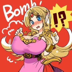 Rule 34 | !?, 1girl, alternate breast size, armor, blonde hair, blush, bracelet, breast expansion, breasts, cleavage, cowboy shot, dress, ear blush, earrings, embarrassed, covered erect nipples, highres, jewelry, large breasts, long hair, nintendo, open mouth, pointy ears, princess zelda, red background, shoulder armor, simple background, solo, super smash bros., surprised, tanpopo hayabusa-maru, the legend of zelda, tiara, triforce, wavy mouth