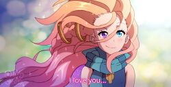 Rule 34 | 1girl, artist name, blonde hair, blue eyes, blush, braid, english text, green scarf, hair ornament, heterochromia, highres, league of legends, long hair, multicolored background, odeko yma, pink hair, purple eyes, scarf, smile, solo, starry sky print, striped clothes, striped scarf, upper body, watermark, zoe (league of legends)
